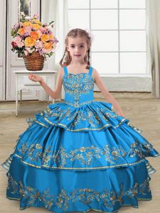 Blue Sleeveless Floor Length Embroidery and Ruffled Layers Lace Up Pageant Gowns For Girls
