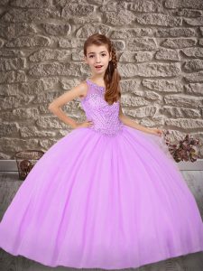 New Style Lilac Tulle Lace Up Scoop Sleeveless Little Girls Pageant Dress Sweep Train Beading