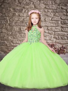 Yellow Green Sleeveless Embroidery Lace Up Pageant Gowns For Girls