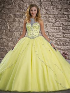 Flirting Yellow Ball Gowns Tulle Halter Top Sleeveless Beading Lace Up Sweet 16 Dresses Brush Train