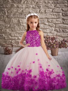 Simple High-neck Sleeveless Child Pageant Dress Floor Length Lace and Appliques Multi-color Tulle