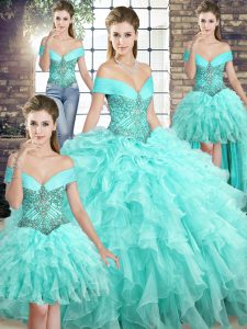 Enchanting Aqua Blue Sweet 16 Dress Military Ball and Sweet 16 and Quinceanera with Beading and Ruffles Off The Shoulder