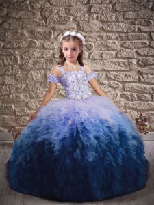 Multi-color Lace Up Little Girl Pageant Gowns Beading and Ruffles Sleeveless Sweep Train