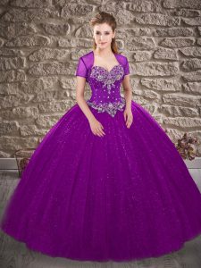 High End Brush Train Ball Gowns Quinceanera Gowns Purple Sweetheart Tulle Sleeveless Lace Up