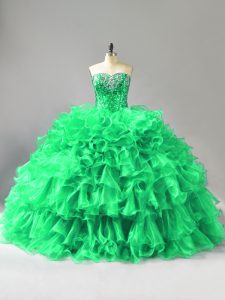 Sophisticated Green Organza Lace Up Ball Gown Prom Dress Sleeveless Beading and Ruffles