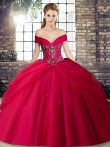 Stylish Red Ball Gowns Tulle Off The Shoulder Sleeveless Beading and Pick Ups Lace Up 15 Quinceanera Dress Brush Train
