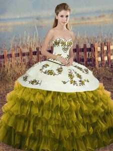 Elegant Olive Green 15 Quinceanera Dress Military Ball and Sweet 16 and Quinceanera with Embroidery and Ruffled Layers a