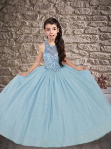 Attractive Scoop Sleeveless Little Girls Pageant Dress Wholesale Sweep Train Beading Blue Tulle