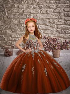 Brown Ball Gowns Beading Little Girls Pageant Dress Wholesale Lace Up Tulle Sleeveless