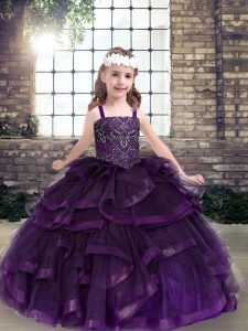 Purple Ball Gowns Beading and Ruffles Little Girls Pageant Gowns Lace Up Tulle Sleeveless Floor Length