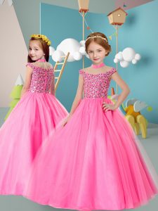 Rose Pink Ball Gowns Beading Pageant Gowns For Girls Zipper Tulle Cap Sleeves Floor Length