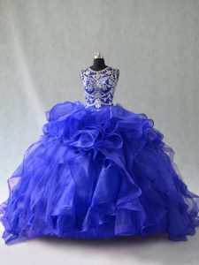 Custom Made Ball Gowns Sweet 16 Quinceanera Dress Royal Blue Scoop Organza Sleeveless Floor Length Lace Up