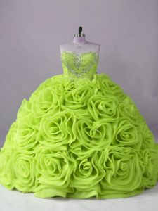 Decent Fabric With Rolling Flowers Sweetheart Sleeveless Brush Train Lace Up Beading Quinceanera Dresses in Yellow Green