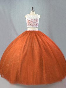 Pretty Tulle Scoop Sleeveless Zipper Beading 15th Birthday Dress in Rust Red