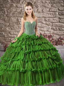 Suitable Green Ball Gowns Beading and Ruffled Layers Vestidos de Quinceanera Lace Up Organza Sleeveless Floor Length