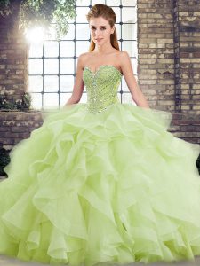 Yellow Green Sleeveless Tulle Brush Train Lace Up Quinceanera Dresses for Military Ball and Sweet 16 and Quinceanera