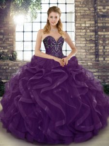 Dark Purple Lace Up Sweetheart Beading and Ruffles Sweet 16 Dresses Tulle Sleeveless