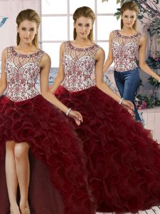 Customized Burgundy Vestidos de Quinceanera Military Ball and Sweet 16 and Quinceanera with Beading and Ruffles Scoop Sl