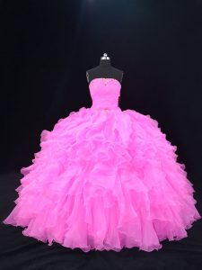 Fashionable Pink and Rose Pink Lace Up Strapless Beading and Ruffles Quince Ball Gowns Organza Sleeveless