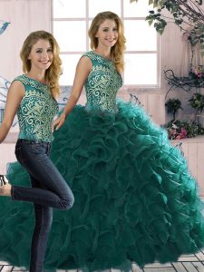 Noble Floor Length Two Pieces Sleeveless Peacock Green Ball Gown Prom Dress Lace Up