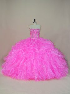 Pink 15th Birthday Dress Sweet 16 and Quinceanera with Beading and Ruffles Strapless Sleeveless Lace Up