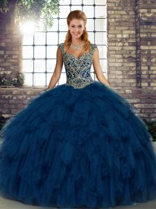 Blue Sleeveless Floor Length Beading and Ruffles Lace Up 15 Quinceanera Dress