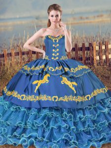 Sweetheart Sleeveless Brush Train Lace Up 15th Birthday Dress Blue Organza