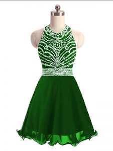 A-line Evening Dress Green Halter Top Chiffon Sleeveless Mini Length Lace Up