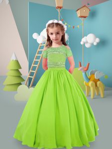 Gorgeous Yellow Green Zipper Child Pageant Dress Beading Short Sleeves Floor Length