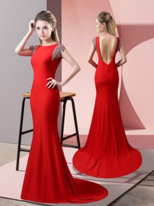 Spectacular Elastic Woven Satin High-neck Short Sleeves Brush Train Backless Beading Homecoming Dress in Red