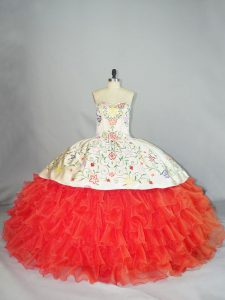 Low Price Coral Red Organza Lace Up Quinceanera Gown Sleeveless Floor Length Embroidery and Ruffles