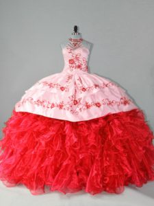 Red Lace Up Halter Top Embroidery and Ruffles Quinceanera Dresses Organza Sleeveless Court Train