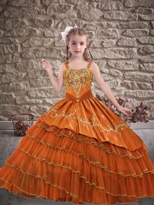 Popular Orange Red Organza Lace Up Pageant Gowns For Girls Sleeveless Floor Length Embroidery and Ruffled Layers