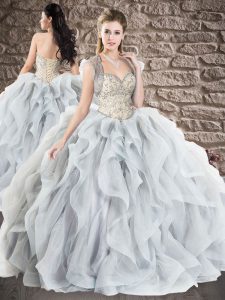 Floor Length Grey Quinceanera Gowns Sweetheart Sleeveless Lace Up