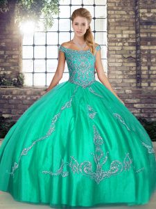 Hot Selling Ball Gowns Sweet 16 Quinceanera Dress Turquoise Off The Shoulder Tulle Sleeveless Floor Length Lace Up