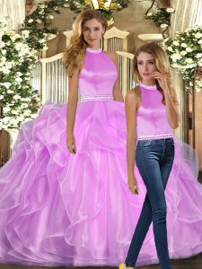 Sleeveless Floor Length Beading and Ruffles Backless Quinceanera Gown with Lilac