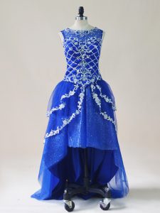 High Class Beading and Appliques Prom Dress Royal Blue Zipper Sleeveless High Low