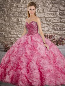 Excellent Fuchsia Sweetheart Lace Up Beading Quinceanera Gowns Brush Train Sleeveless
