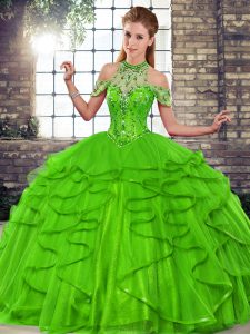 Green Halter Top Lace Up Beading and Ruffles Quinceanera Dress Sleeveless