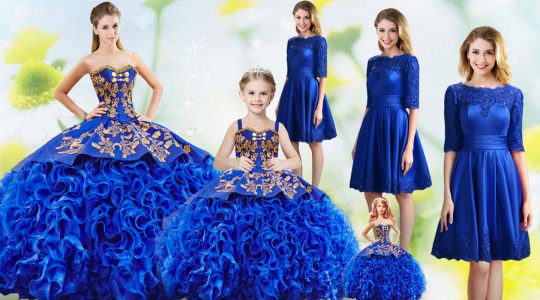 Pretty Sweetheart Sleeveless Court Train Lace Up 15 Quinceanera Dress Royal Blue Fabric With Rolling Flowers