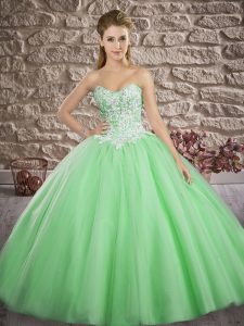 Sleeveless Brush Train Lace Up Appliques Quince Ball Gowns