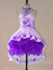 Hot Selling Purple Halter Top Lace Up Embroidery and Ruffles Teens Party Dress Long Sleeves