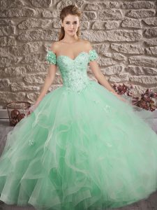 Lace Up 15th Birthday Dress Apple Green for Military Ball and Sweet 16 and Quinceanera with Lace and Ruffles Brush Train