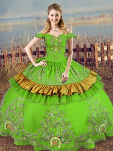 Green Ball Gowns Off The Shoulder Sleeveless Satin Floor Length Lace Up Embroidery Ball Gown Prom Dress