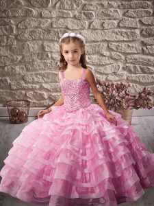 Elegant Sleeveless Brush Train Beading and Ruffled Layers Lace Up Little Girl Pageant Gowns
