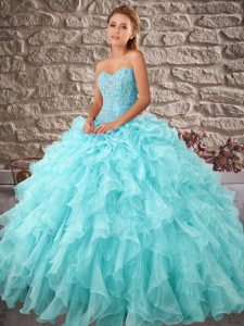 Fancy Brush Train Ball Gowns Quinceanera Gown Aqua Blue Sweetheart Organza Sleeveless Lace Up
