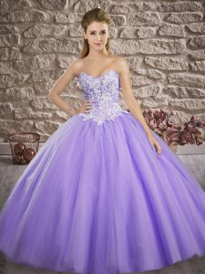 Glittering Sleeveless Tulle Brush Train Lace Up Quinceanera Gowns in Lavender with Appliques