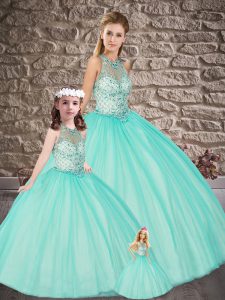 Sexy Sleeveless Floor Length Beading Lace Up Quinceanera Gowns with Apple Green