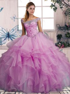 Stunning Lilac Sleeveless Organza Lace Up Quince Ball Gowns for Military Ball and Sweet 16 and Quinceanera