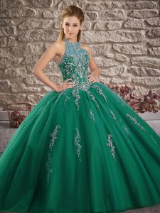Custom Fit Halter Top Sleeveless Tulle Quinceanera Dress Beading and Appliques Brush Train Lace Up